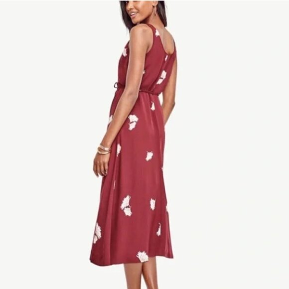 Ann Taylor Summer Blossom Oxblood Maroon Midi Tie Wrap Dress 2P - Picture 4 of 14